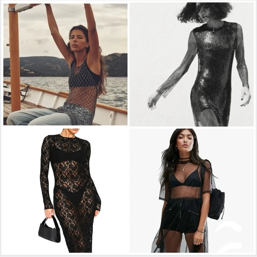 🇨🇦Retro big hole diamond net long tunic or short dress black- versatile style - Picture 2 of 16